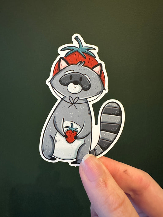 Strawberry Raccoon Die Cut Sticker