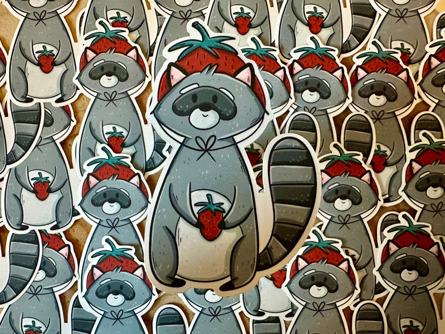 Strawberry Raccoon Die Cut Sticker