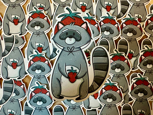 Strawberry Raccoon Die Cut Sticker