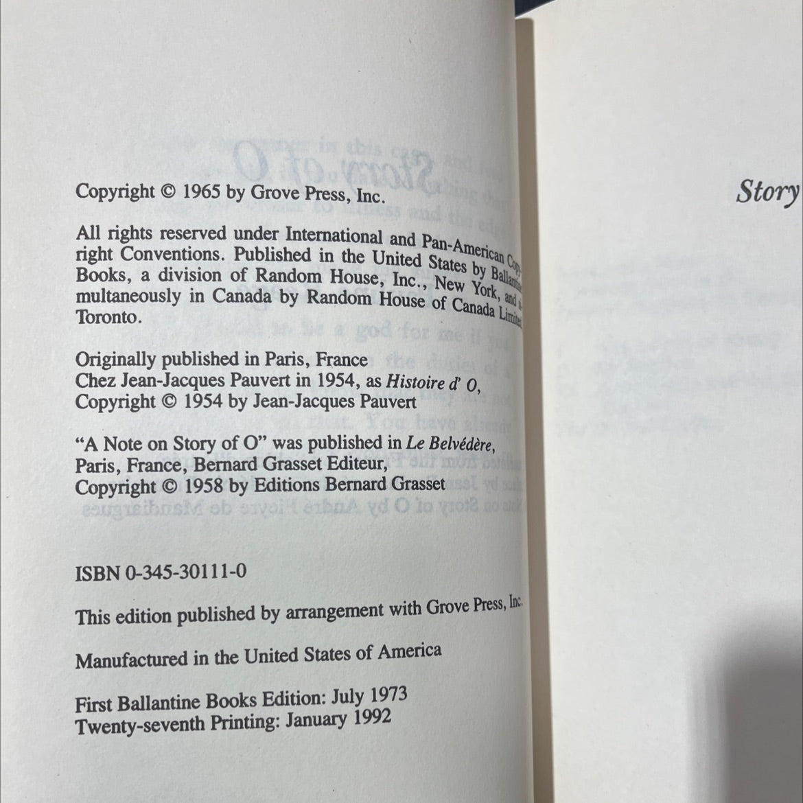 story of o book, by pauline réage, 1992 Hardcover