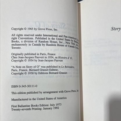 story of o book, by pauline réage, 1992 Hardcover