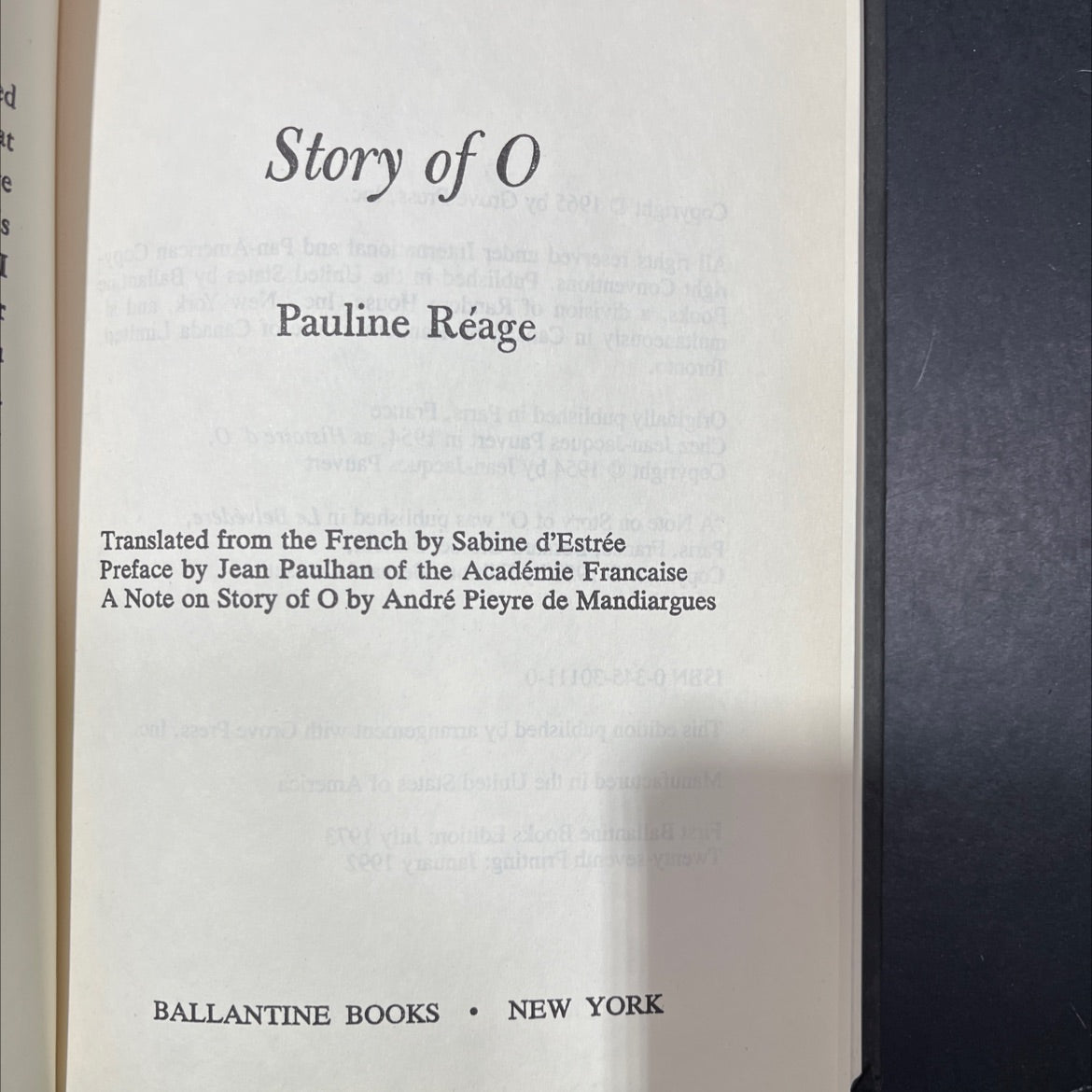 story of o book, by pauline réage, 1992 Hardcover