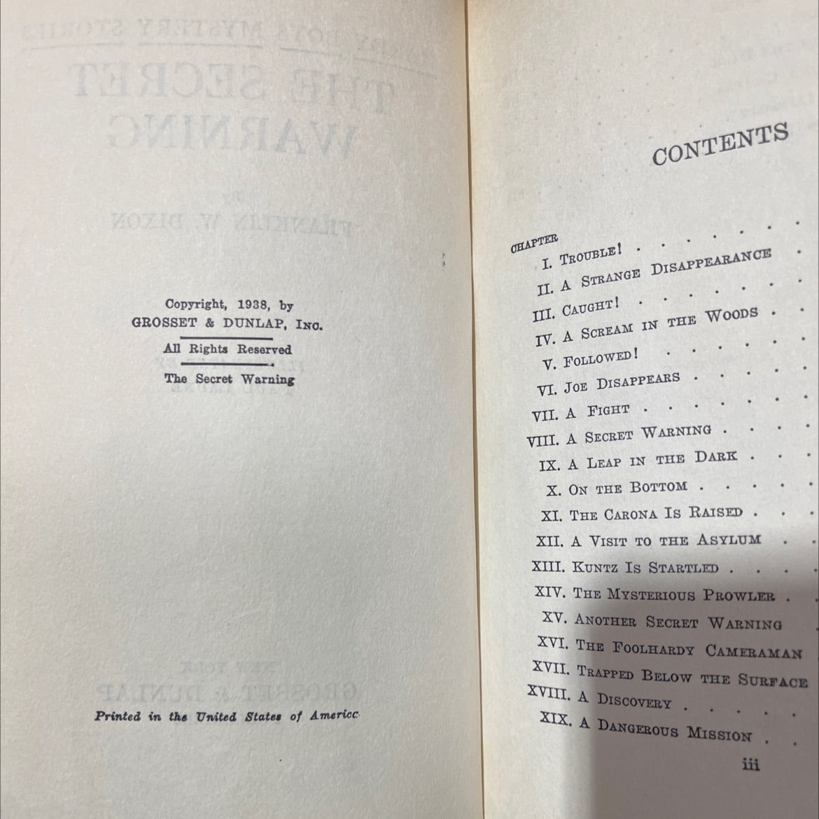 the secret warning book, by franklin w. dixon, 1938 Hardcover